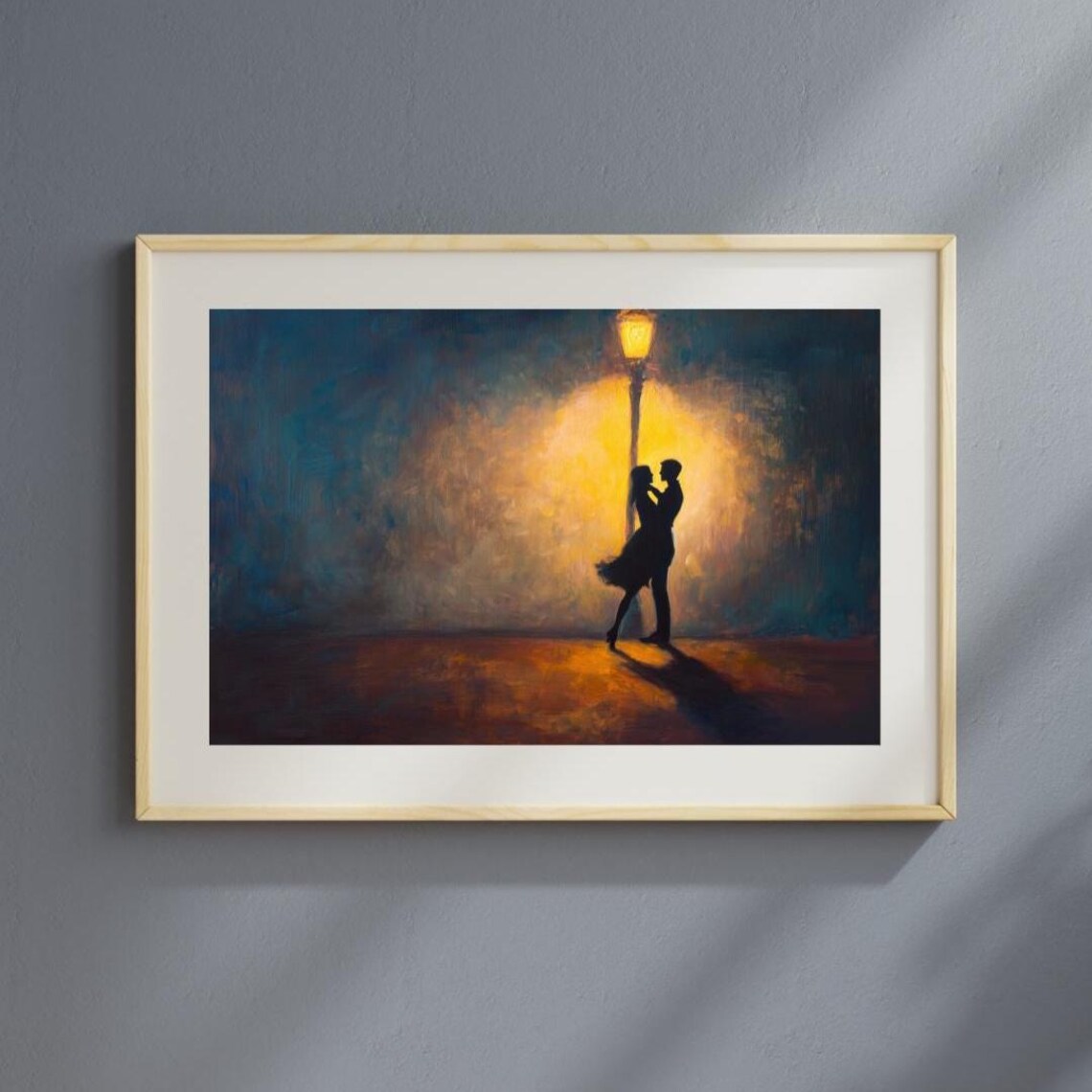Romantic Couple Kiss Under a Streetlight Intimate Night Silhouette Art Poster - Image 4