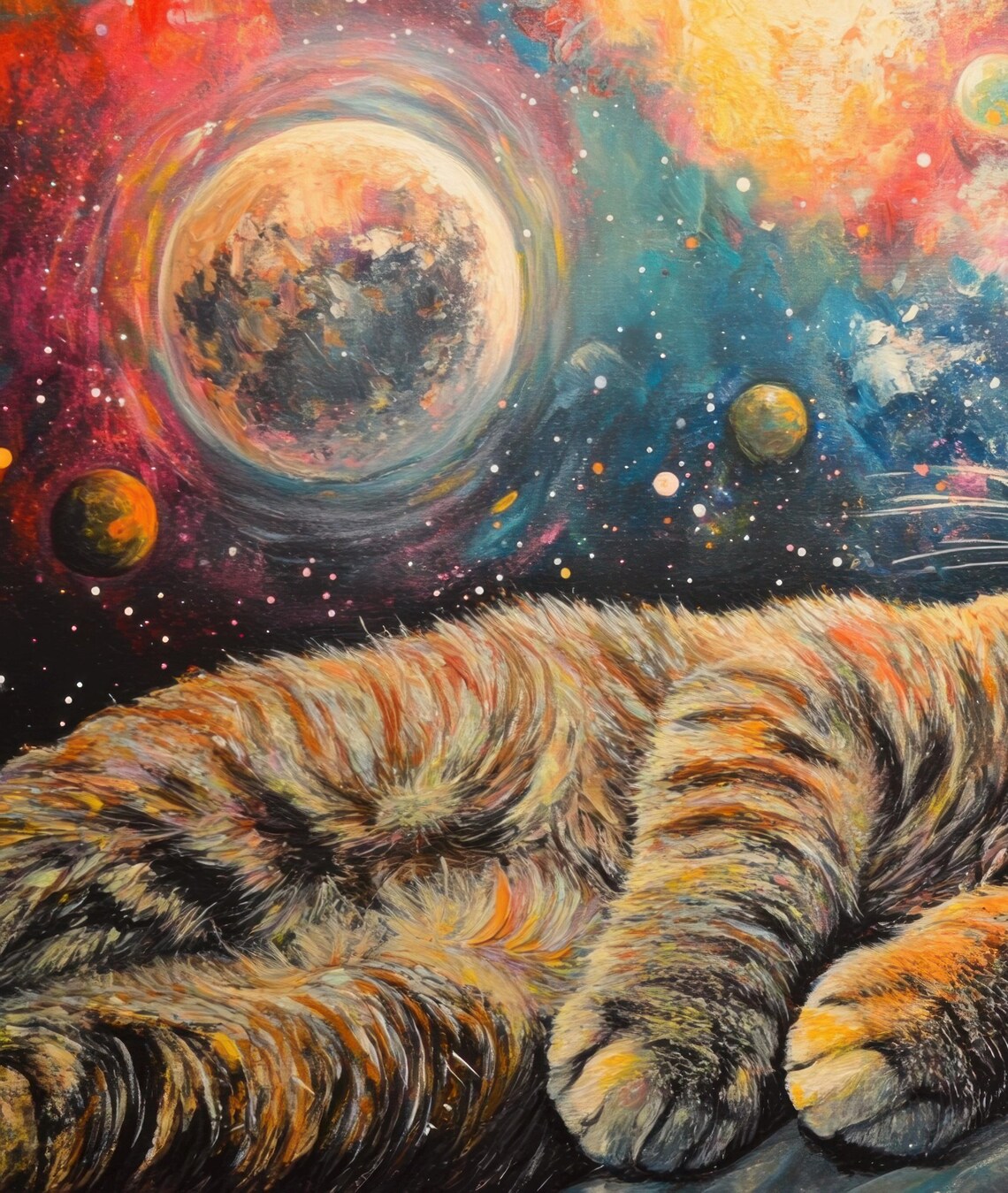Sleeping Tabby Cat Dreaming in Cosmic Space Planets Whimsical Fantasy Poster - Image 3