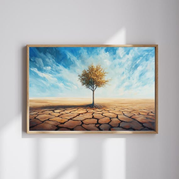 Rooted In Resilience Minimalist Survival Tree Oil Painting Hope In The Desert Art Print