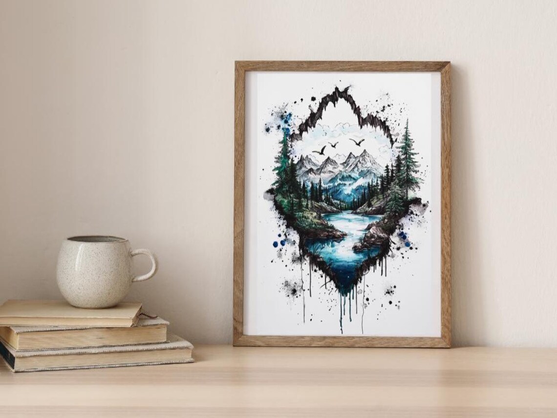 Ink And Watercolor Mountain Landscape, Scenic River