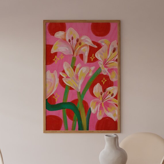 Lily Flower Wall Art Abstract Gouache Acrylic Painting
