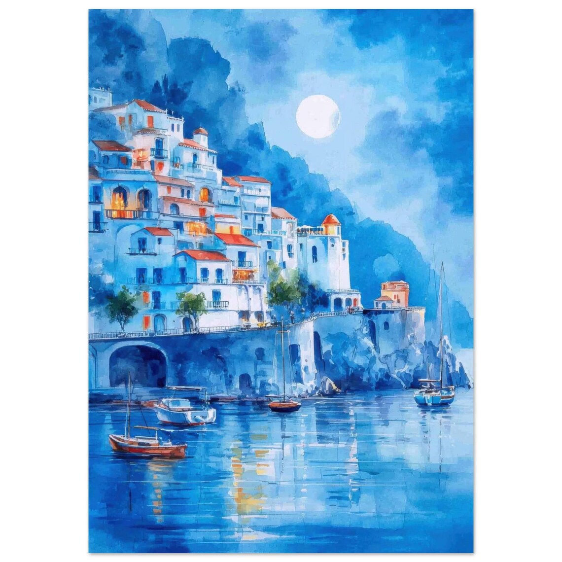 Positano Amalfi Coast At Night Moonlit Watercolor Seaside Poster
