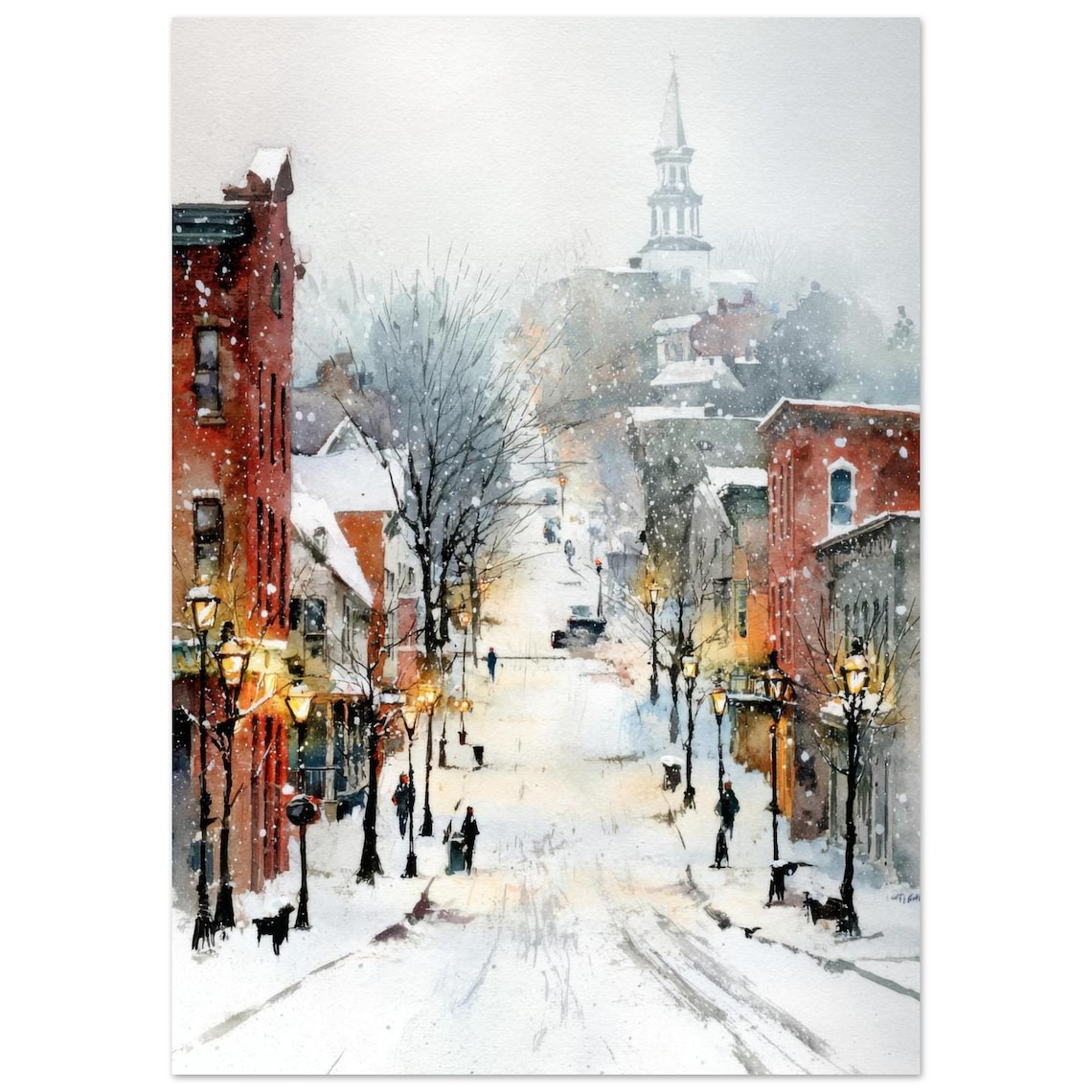 Fayetteville Arkansas Snowy Winter Downtown Street Watercolor Print