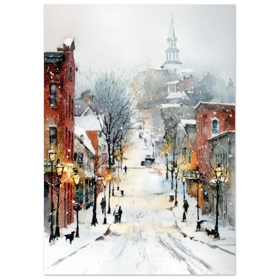 Fayetteville Arkansas Snowy Winter Downtown Street Watercolor Print