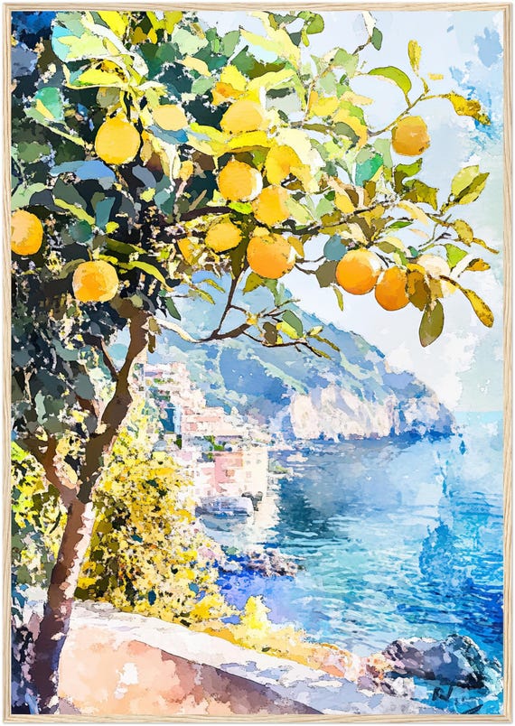 Portofino Lemon Tree Watercolor Painting Italian Riviera Coastal Wall Art Print Mediterranean Landscape Travel Poster By