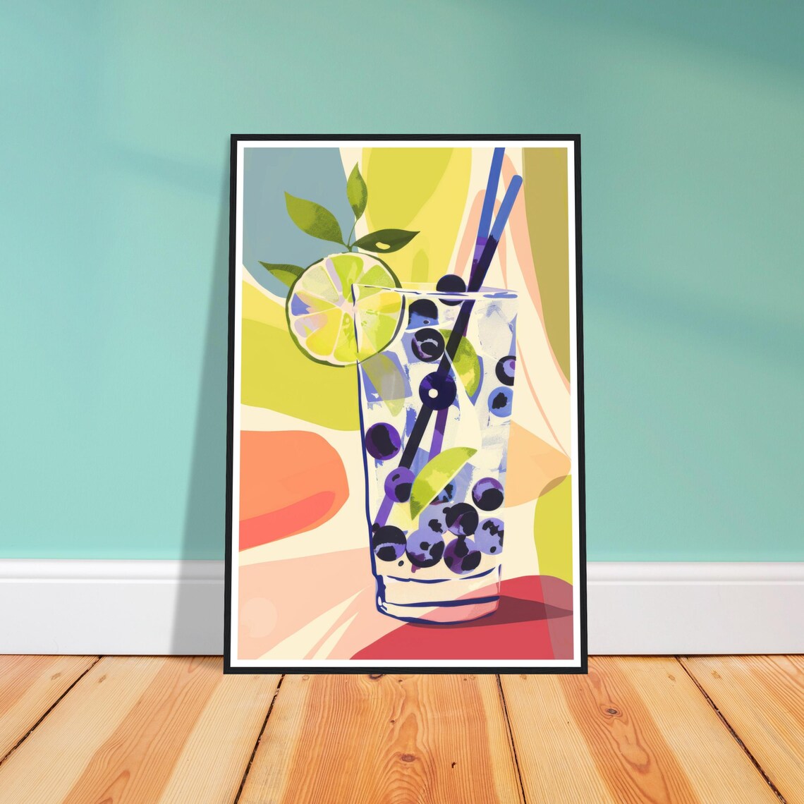 Blueberry Mojito Cocktail Lime and Straws Colorful Drink Art Print - Image 2