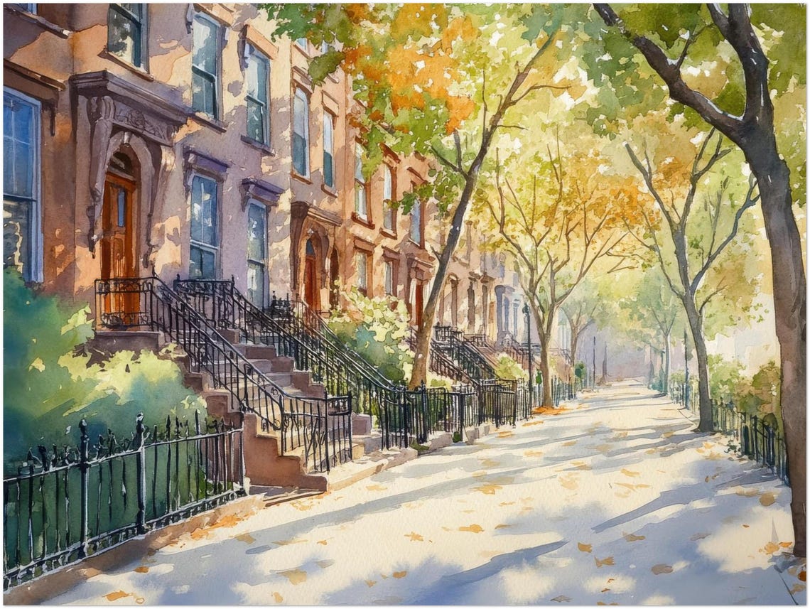 Brooklyn Brownstones Watercolor Art Print New York Street Wall Nyc Autumn Cityscape Painting Urban By Nataliaayuart