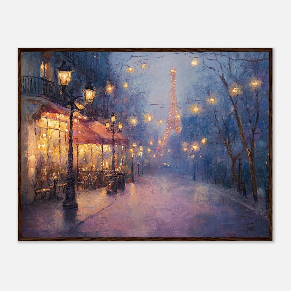 Paris Eiffel Tower At Night Oil Painting Poster With Cafe Lights