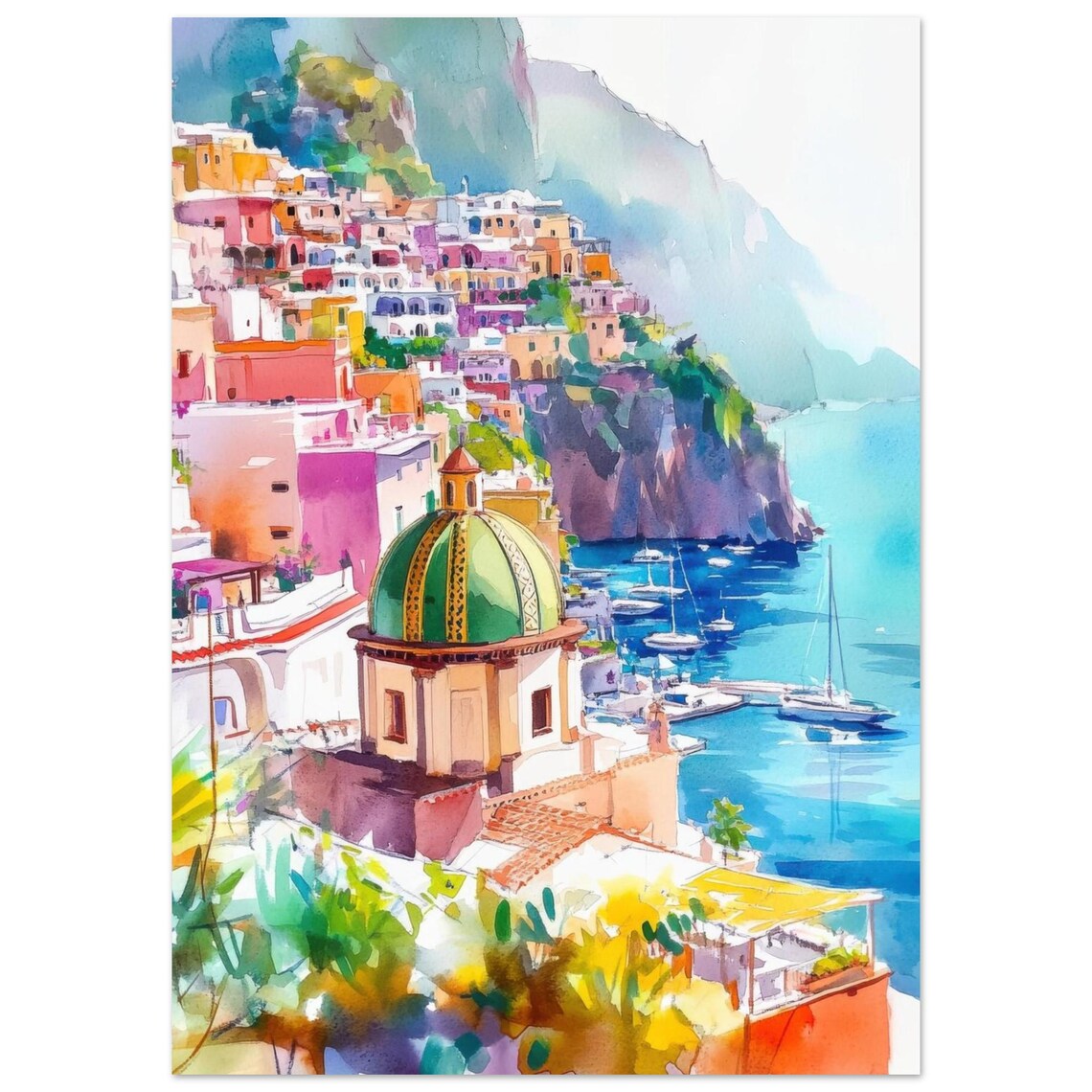 Positano Amalfi Coast Cliffside Village Watercolor Italy Poster