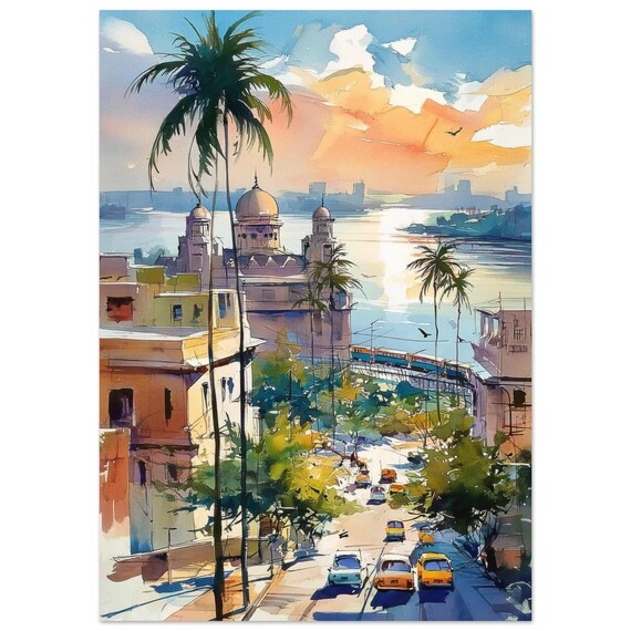 Mumbai Street Sunset Watercolor Palms Harbor Skyline Art Poster