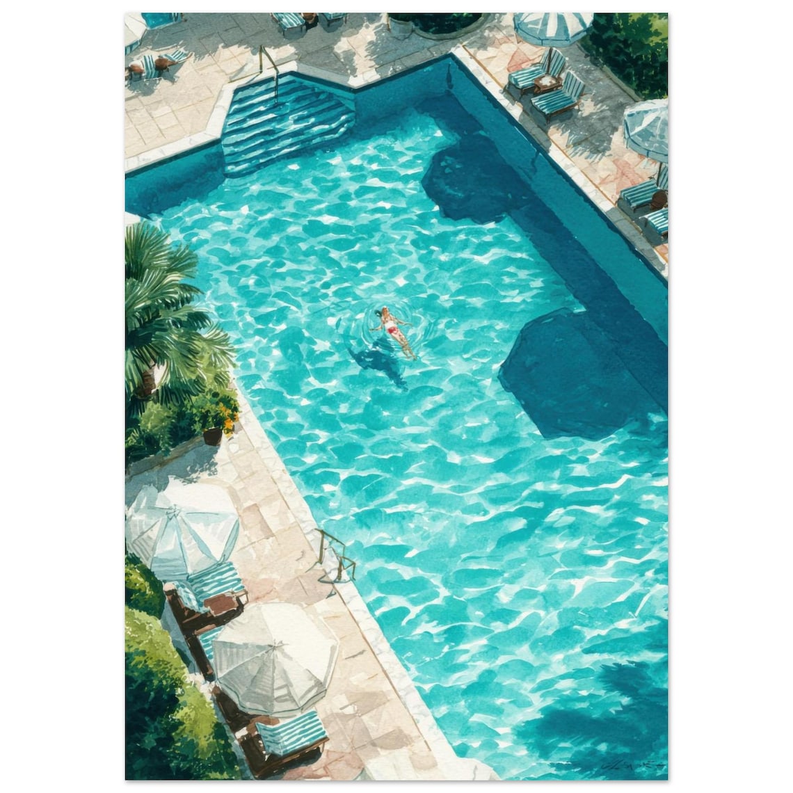 Swimming In Pool Watercolor Painting Art Print