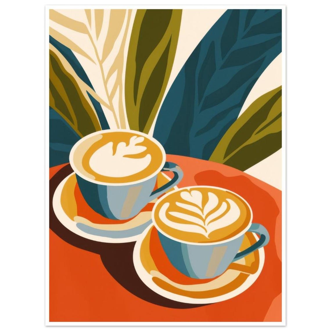 Two Cappuccino Cups Latte Art Tropical Warm Modern Coffee Poster