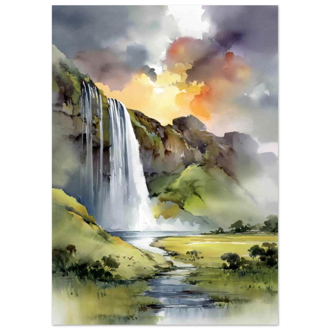 Seljalandsfoss Watercolor Art Print, Nordic Landscape
