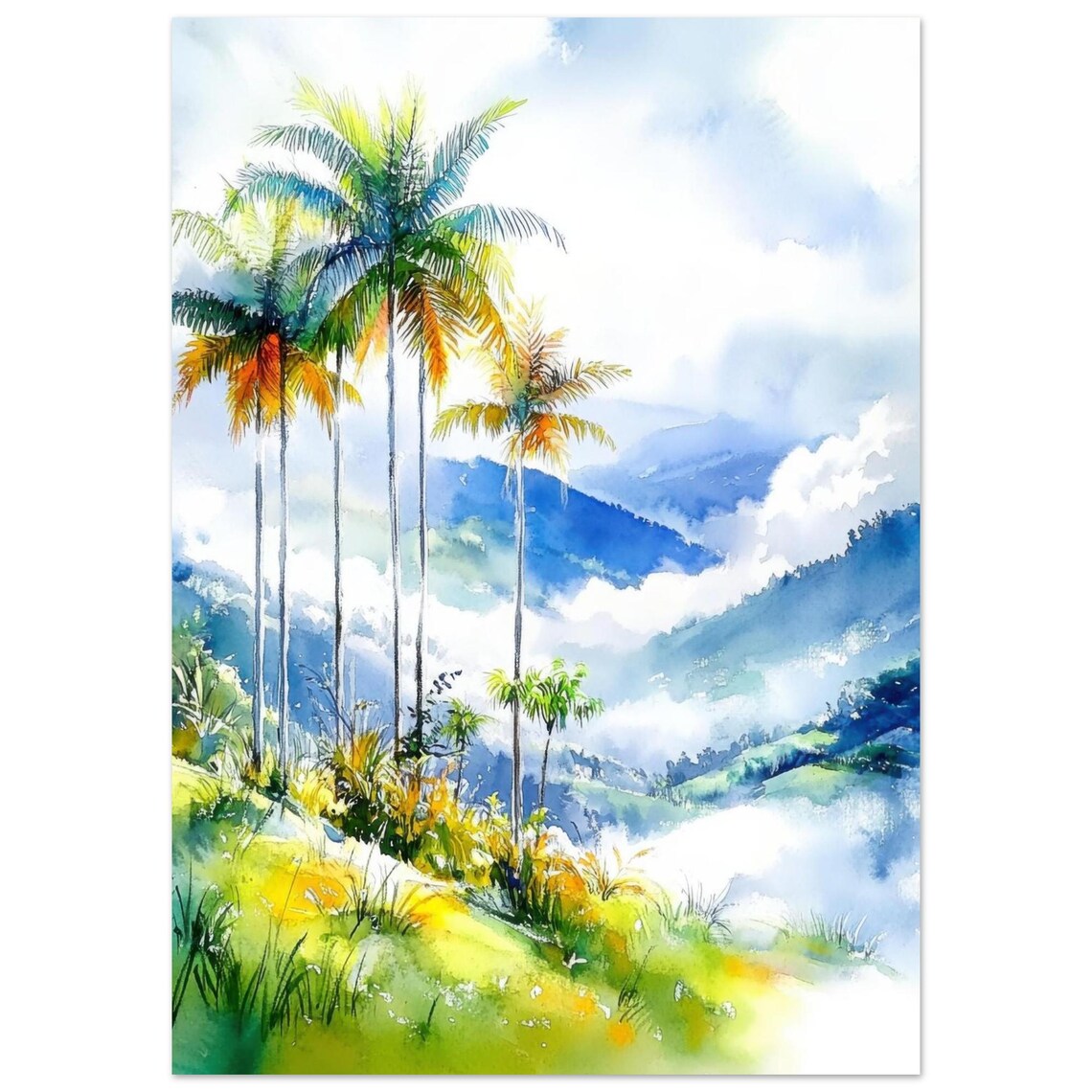 Cocora Valley Colombia Misty Palm Trees Watercolor Art Poster