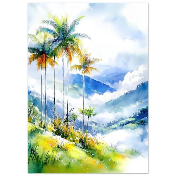 Cocora Valley Colombia Misty Palm Trees Watercolor Art Poster