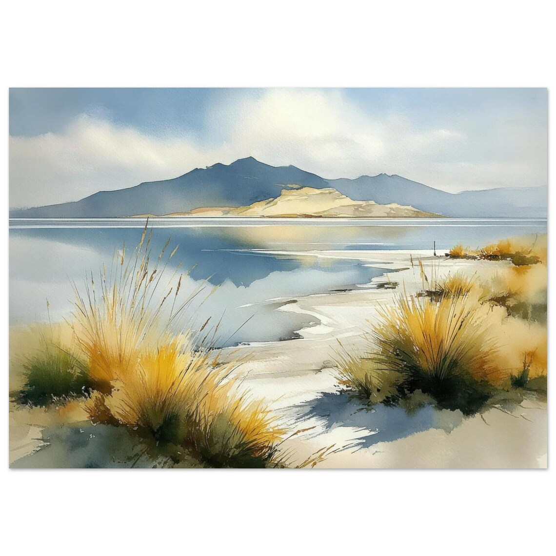 Great Salt Lake Utah Golden Grasses Mountain Shoreline Watercolor Poster
