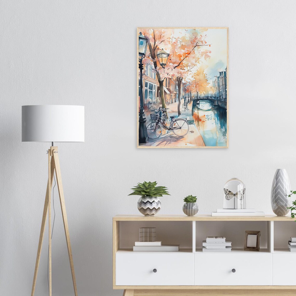 Amsterdam Canal Watercolor Bikes Bridge Blossom Trees Street View Poster - Image 2