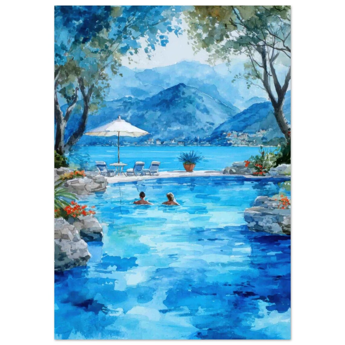 Lake Como Infinity Pool Italian Alps Watercolor Travel Print