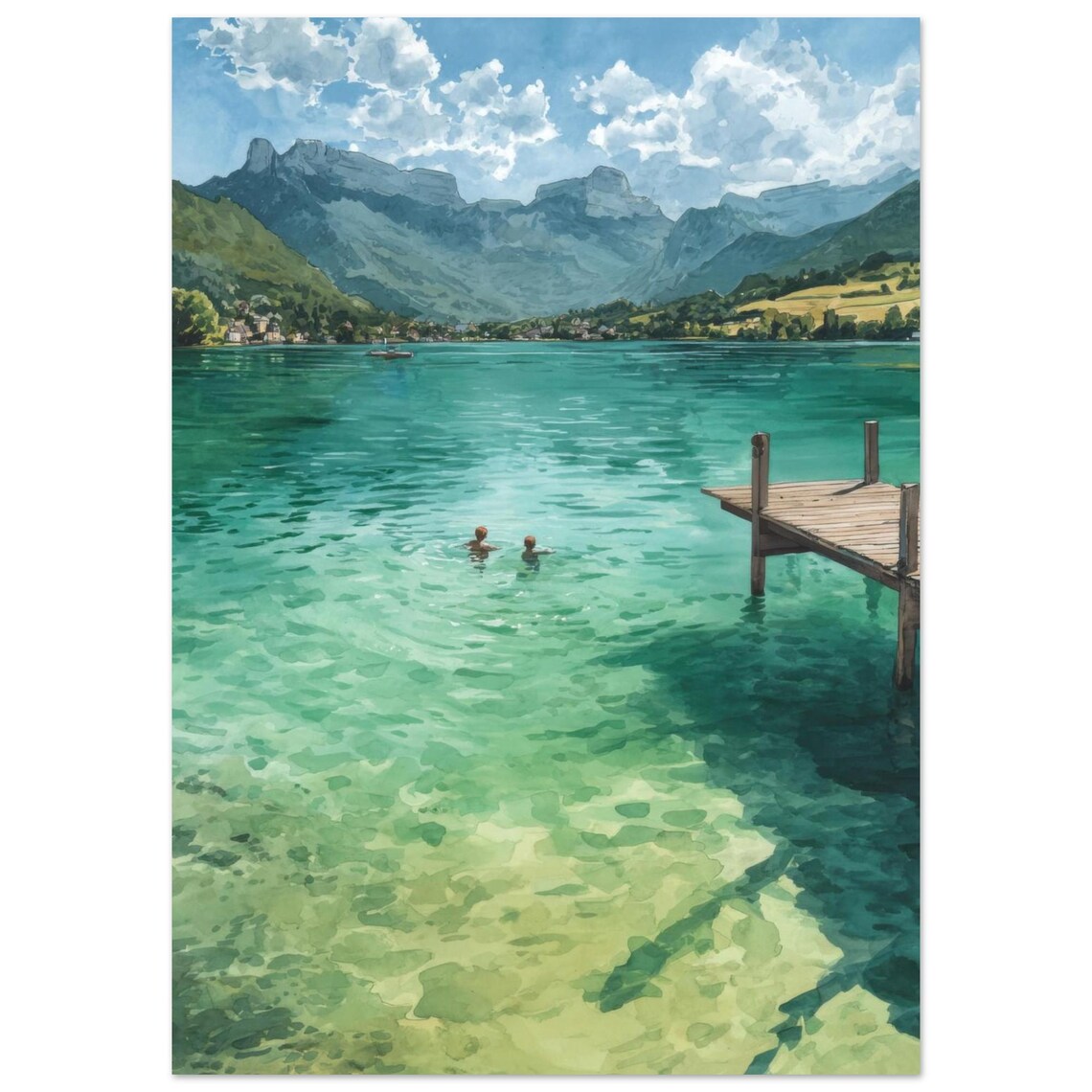 Summer Lake Swim Watercolor Painting Print