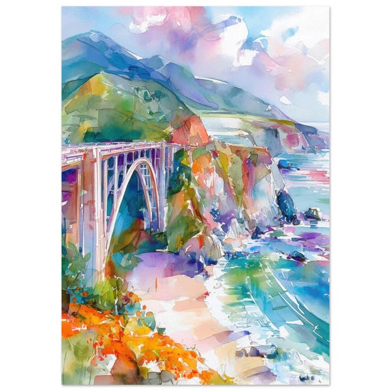 Big Sur Watercolor Painting Print Bixby Bridge Coast Wall Art Poppies Artwork Canvas By Nataliaayuart