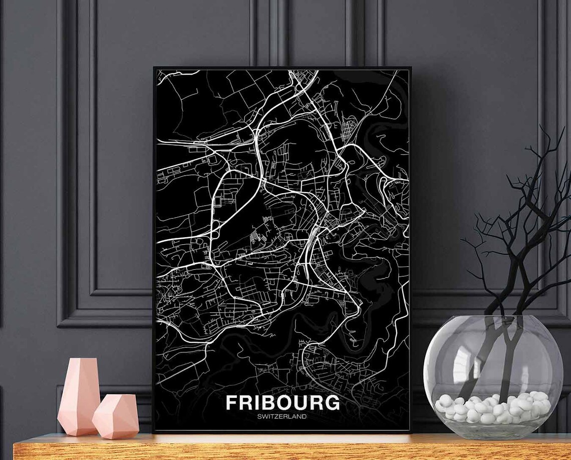 Fribourg Switzerland City Map White Line Black Background Poster