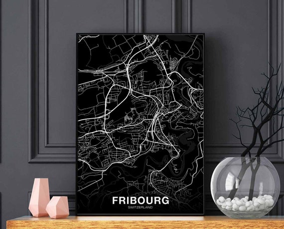 Fribourg Switzerland Map Poster Black White Hometown City Print Modern Home Decor Office Decoration Wall Art Dorm Bedroom Gift