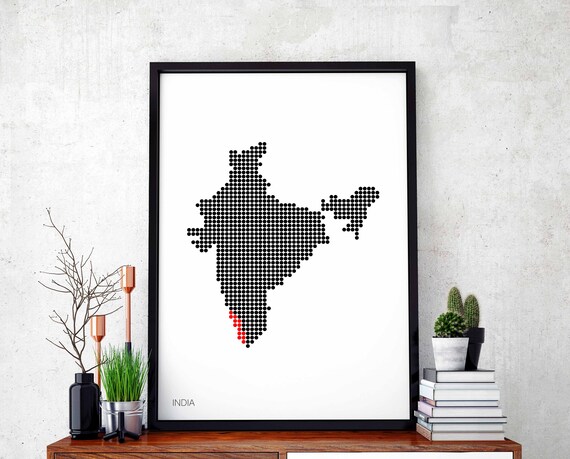 India Minimal Dots Retro Map Poster Black White Wall Decor Design Modern Swiss Scandinavian Nordic Housewarming Travel