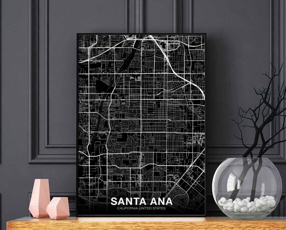 Santa Ana California Black Street Map White Line City Poster