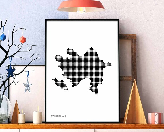 Azerbaijan Minimal Dots Retro Map Poster Black White Wall Decor Design Modern Swiss Scandinavian Nordic Housewarming Travel Bedroom