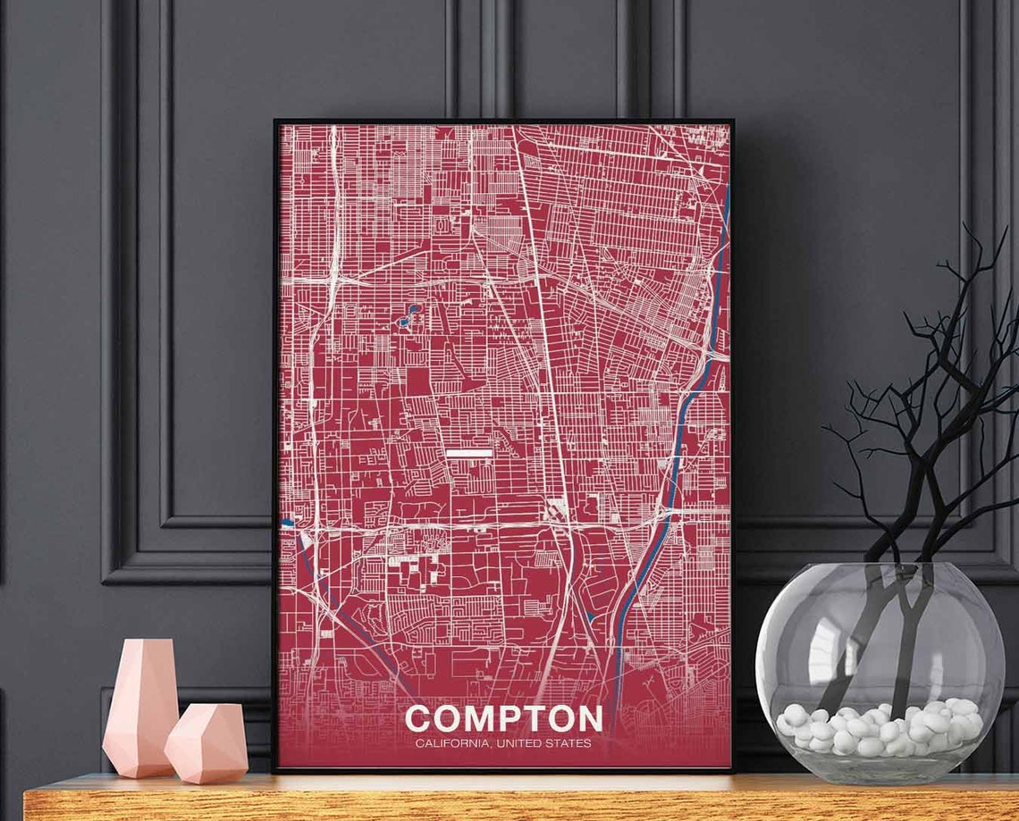 Compton California Deep Red City Street Map Art Bright Poster