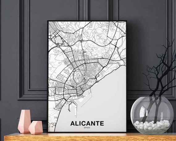 Alicante Spain Map Poster Black White Hometown City Print Modern Home Decor Office Decoration Wall Art Dorm Bedroom Gift