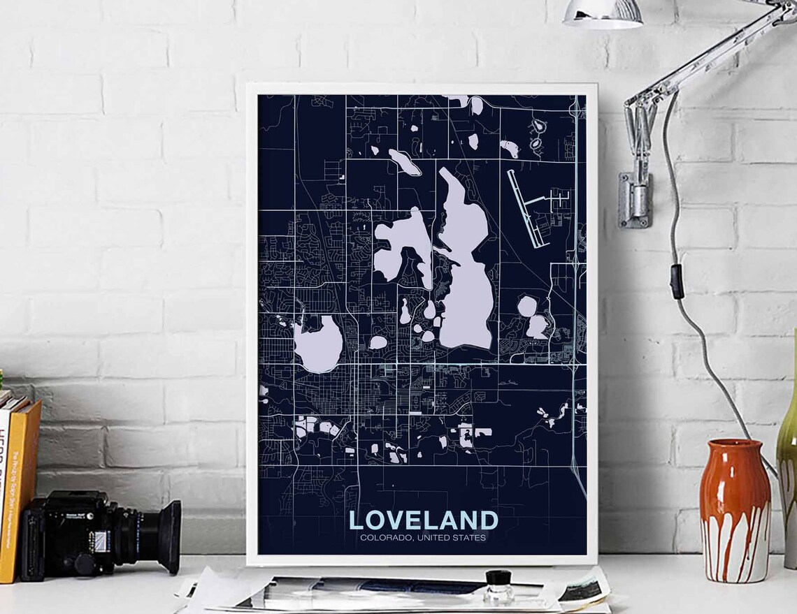 Loveland Colorado Midnight Navy Lavender Lakes Street Map Poster