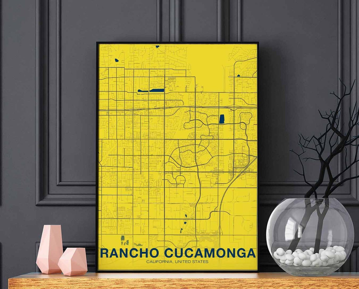 Rancho Cucamonga California City Map Bright Yellow Home Decor Poster