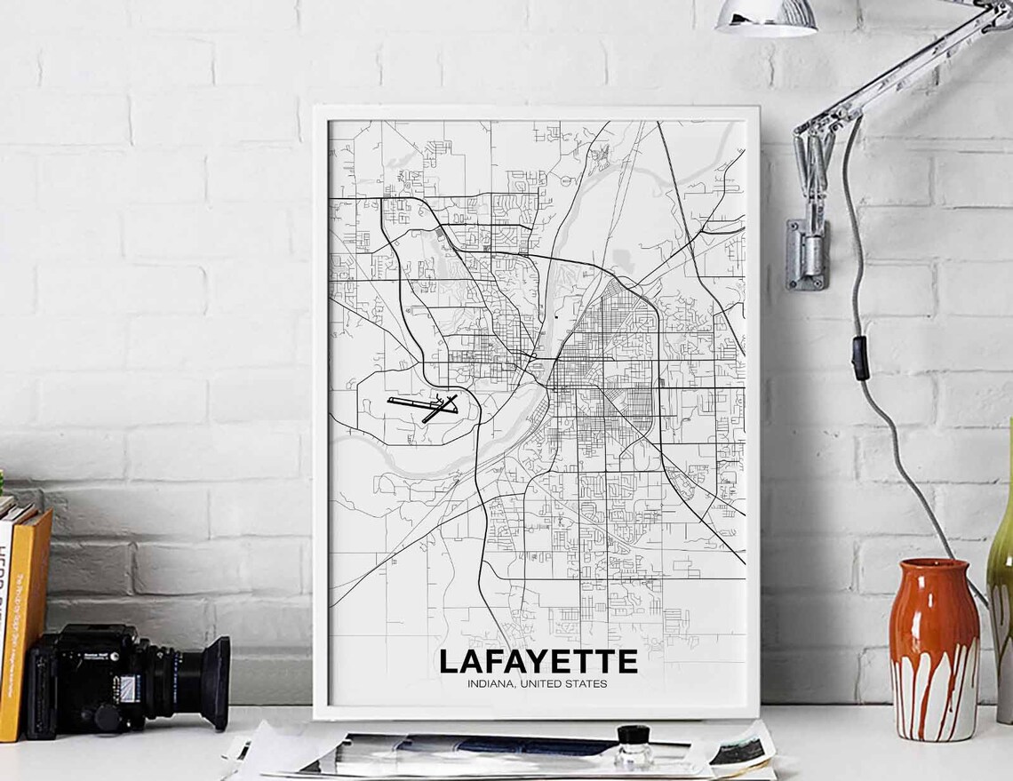 Lafayette Indiana City Street Map Minimalist Black Line Art Poster
