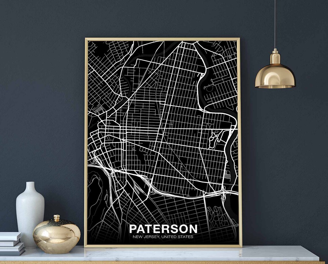 Paterson New Jersey City Street Map Black Hometown Decor Poster