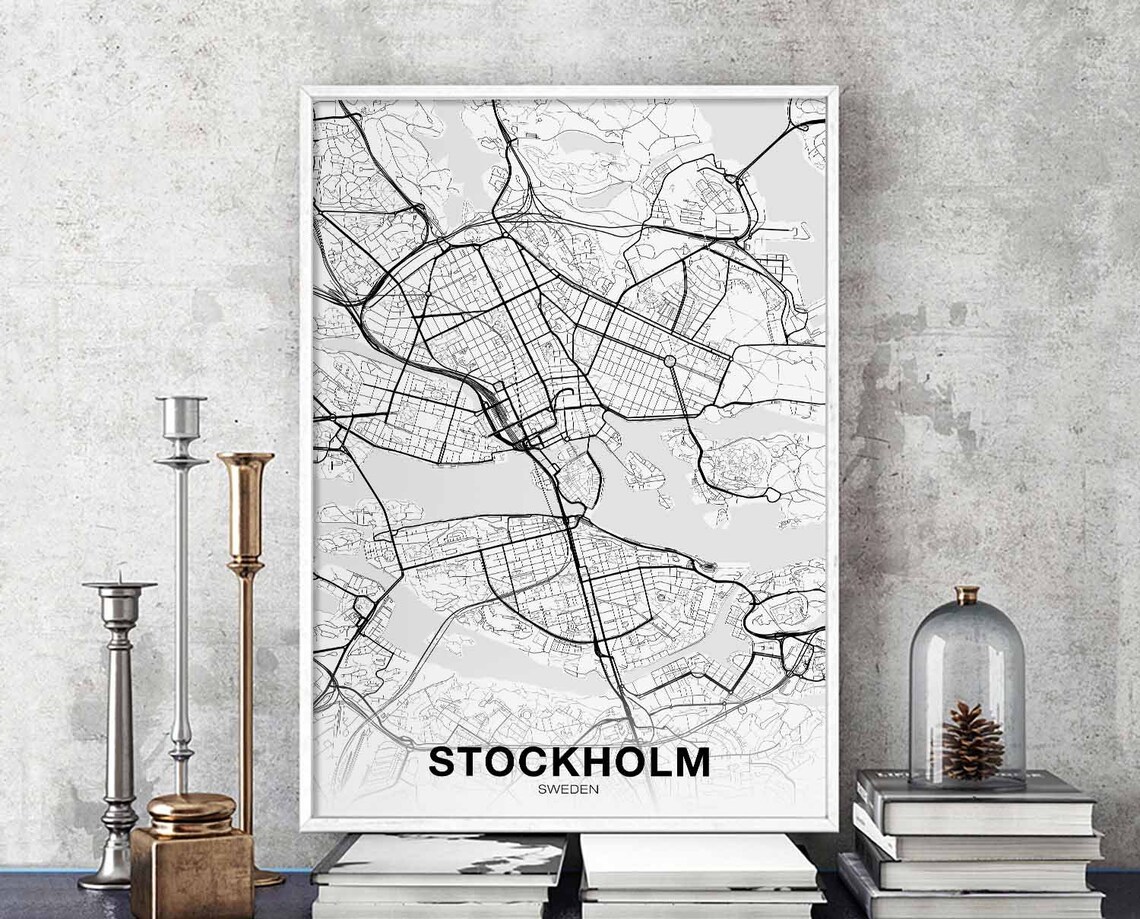 Stockholm Sweden City Map Minimalist Black White Decor Poster