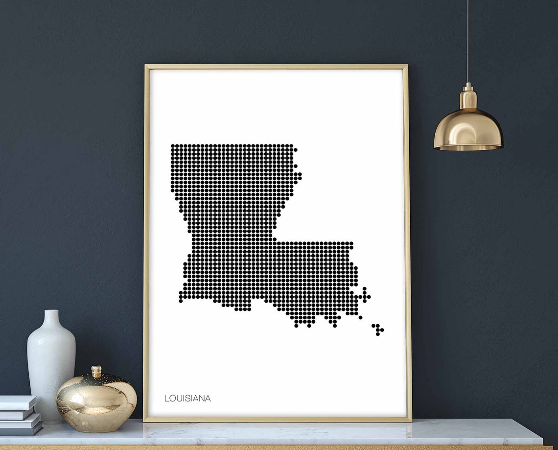 Louisiana Dotted Grid Map Black and White Minimalist Wall Poster