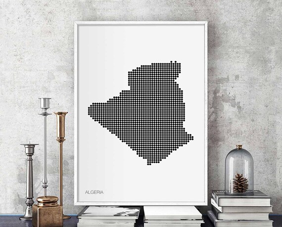 Algeria Minimal Dots Retro Map Poster Black White Wall Decor Design Modern Swiss Scandinavian Nordic Housewarming Travel Bedroom