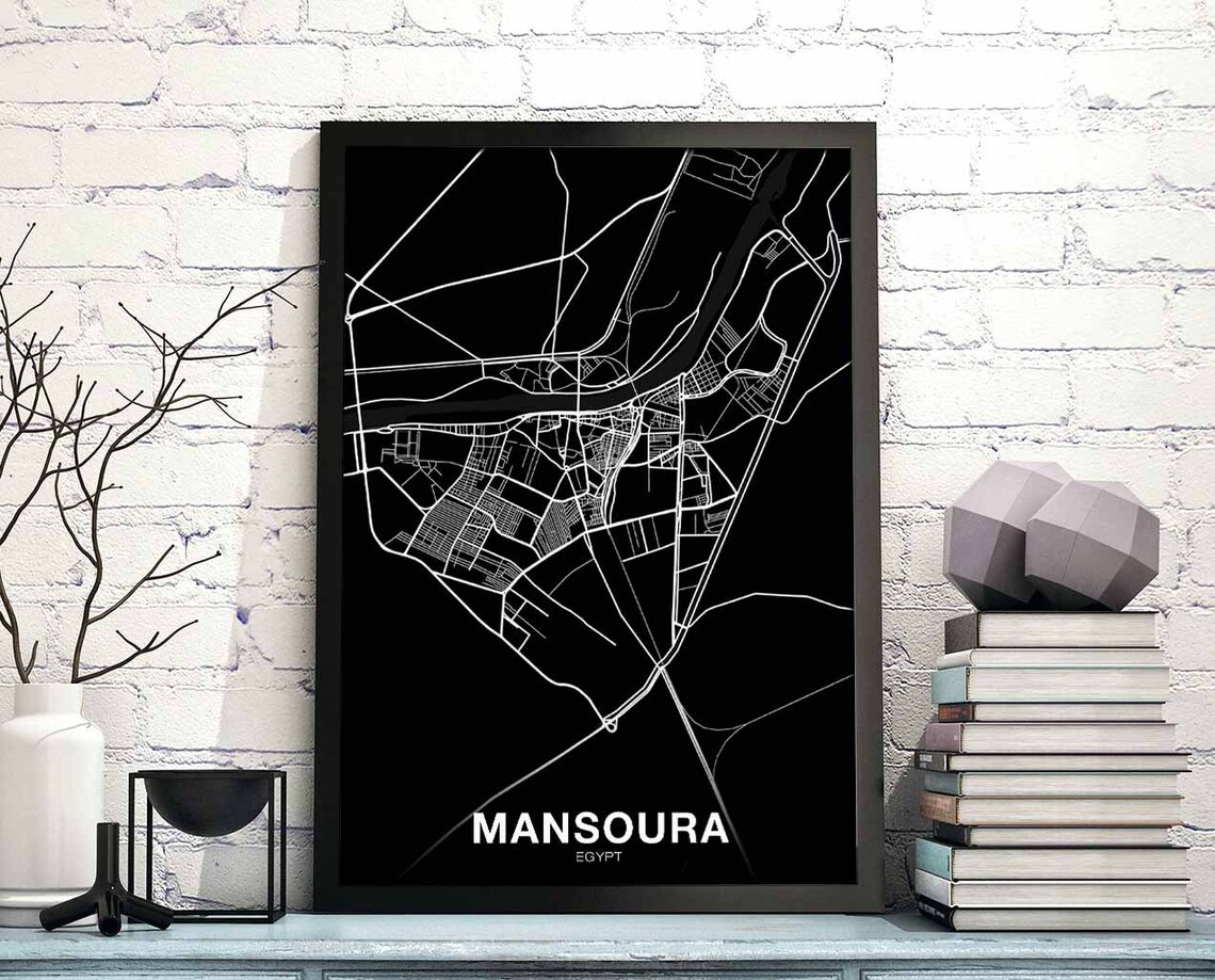 Mansoura Egypt Striking Black City Street Map Minimalist Poster