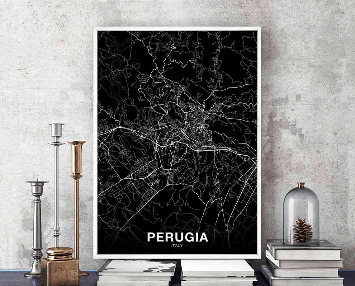 Perugia Italy City Map Black Minimalist Hometown Street Poster
