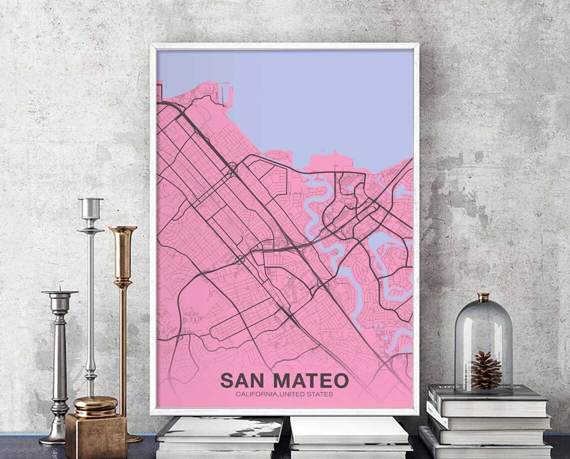 San Mateo California Pink Street Map Poster Modern Home Office Decor Gift