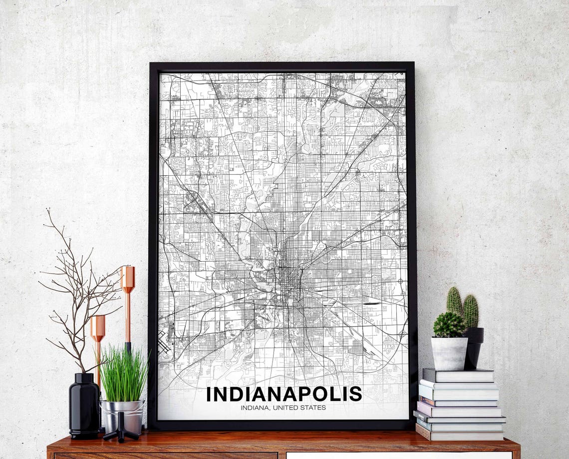 Indianapolis Indiana Street Map Black White Midwest City Poster