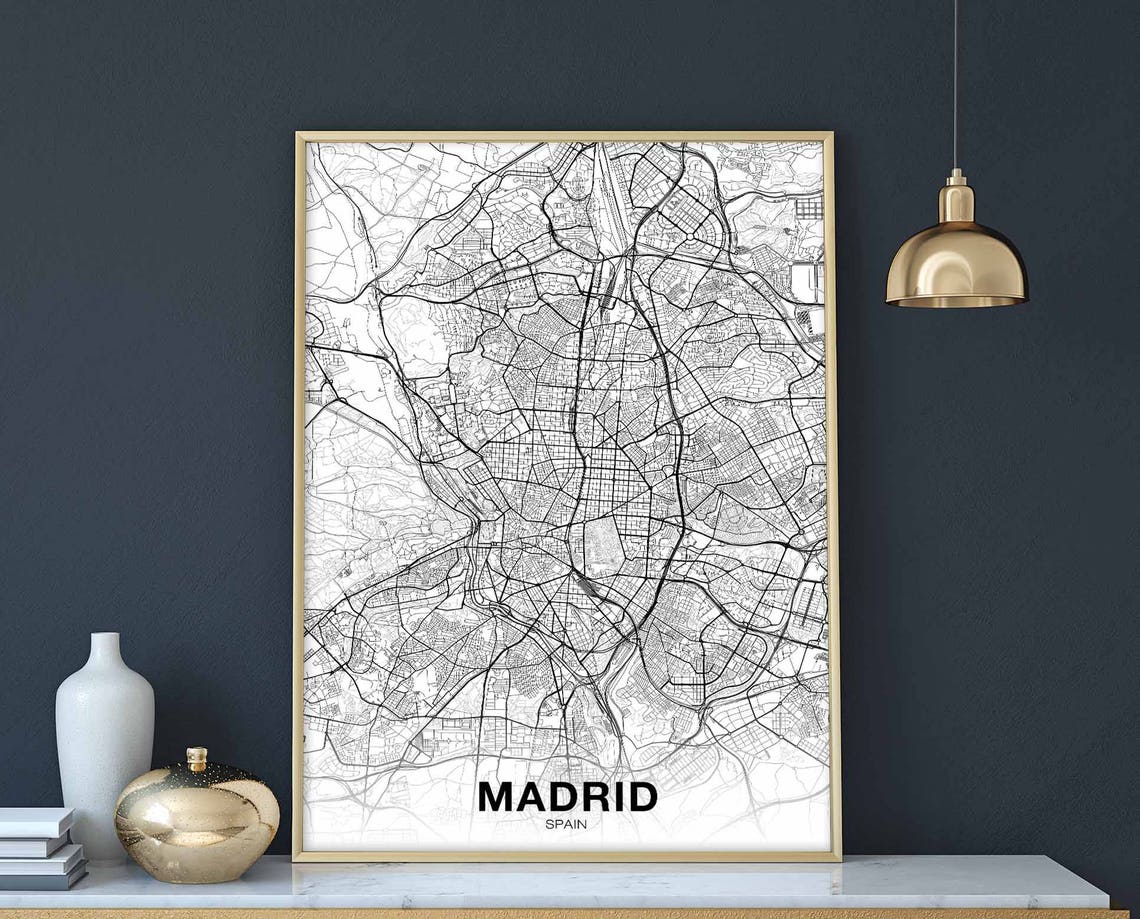 Madrid Spain Black and White City Map Minimalist Street Art Poster
