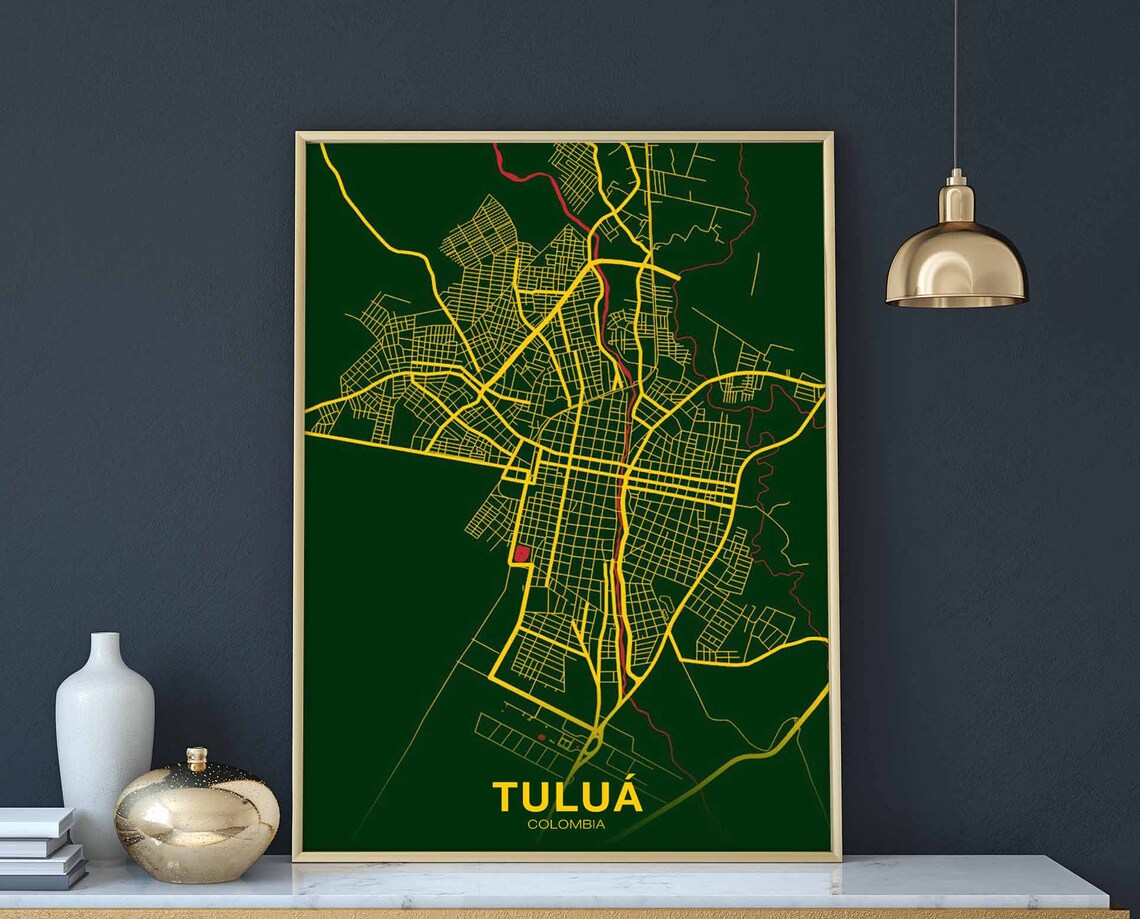 Tulua Colombia Dark Green Gold Street Map Hometown Art Poster