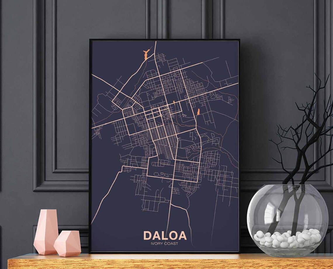 Daloa Ivory Coast Dark City Map Modern Street Art Hometown Decor Poster
