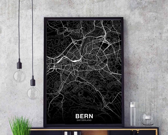 Bern Switzerland Map Poster Black White Hometown City Print Modern Home Decor Office Decoration Wall Art Dorm Bedroom Gift