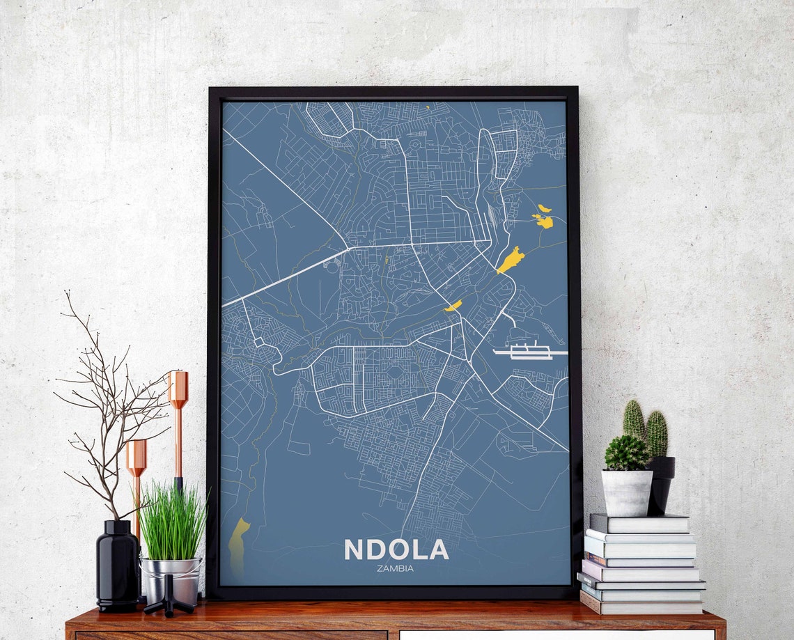 Ndola Zambia Bold Slate Blue Yellow Modern City Map Art Poster