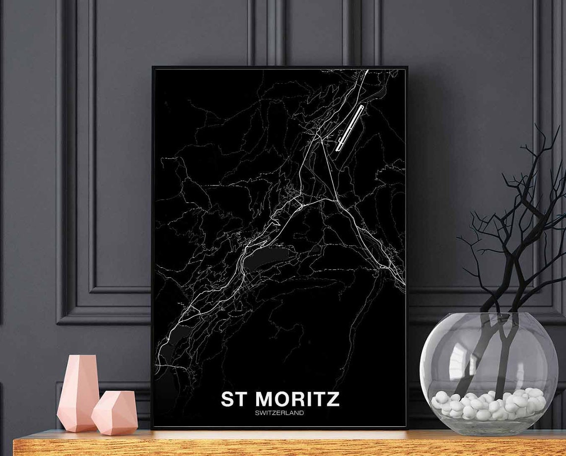St Moritz Switzerland City Map White Line Black Background Art Poster