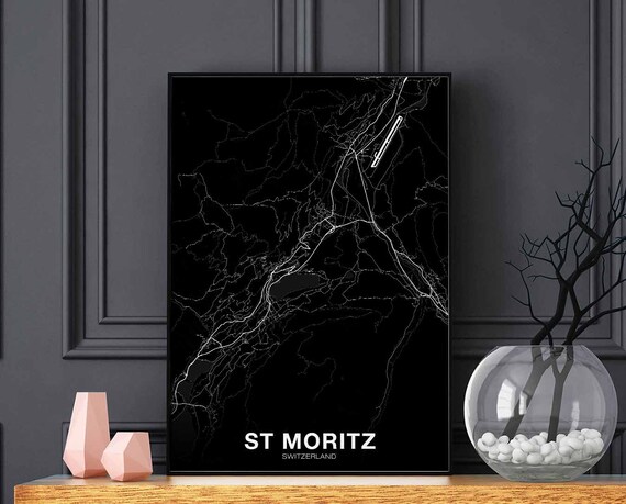 St Moritz Switzerland City Map White Line Black Background Art Poster