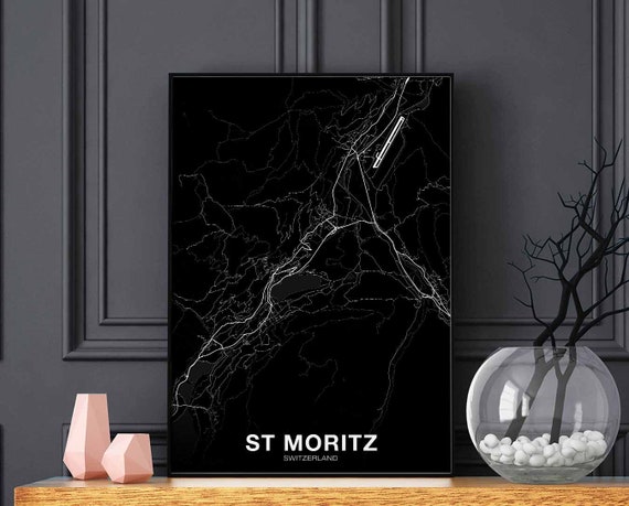 St Moritz Switzerland Map Poster Black White Hometown City Print Modern Home Decor Office Decoration Wall Art Dorm Bedroom Gift